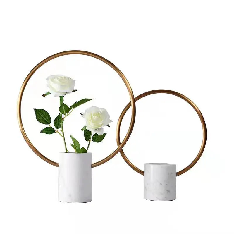 Home Decor Marble Stone Flower Vase Metal Flower Vase Luxury Flower Vase With Round Metal Circle