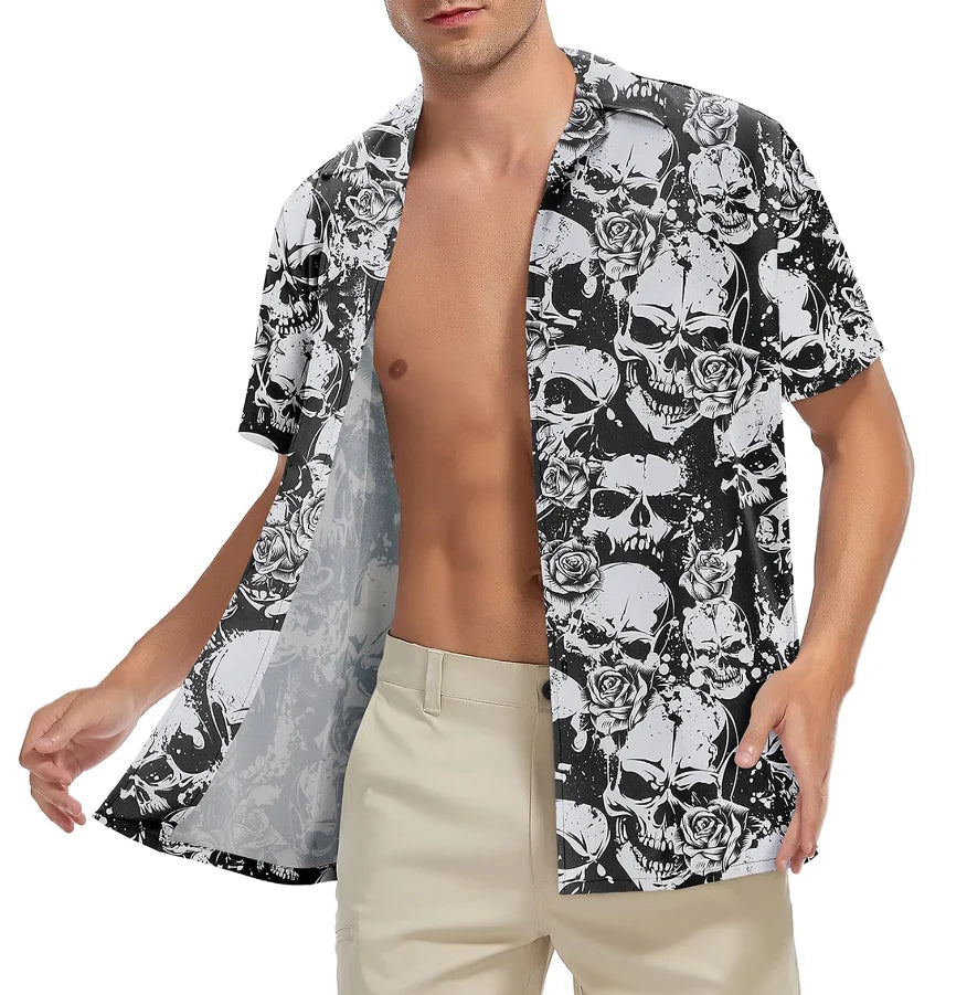 Gothic Skull and Rose Full Print Men's Short Sleeve Button Down Vintage Black Hawaiian Shirt Party Beach Shirt Regular Fit Top