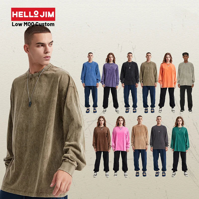 2024 Custom Long Sleeve T-shirt 250g Acid Wash Tshirt Unisex Clothing Long Sleeved t Shirts for Men