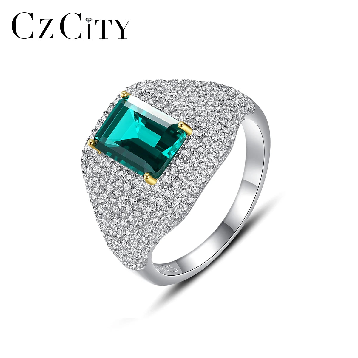 CZCITY AAA Diamond Wedding Jewelry Tiny CZ Paved Elegant Square Emerald Crystal Stone Wedding Cubic Zirconia Rings