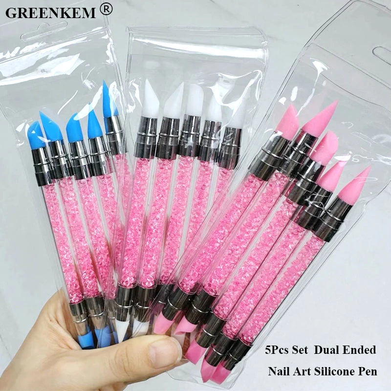 5Pcs Set Pink Dual Ended Rhinestone Nail Art Silicone Pen Sculpture Pen 3D Flower Carving DIY Manicure Brush Nail Dotting Pen