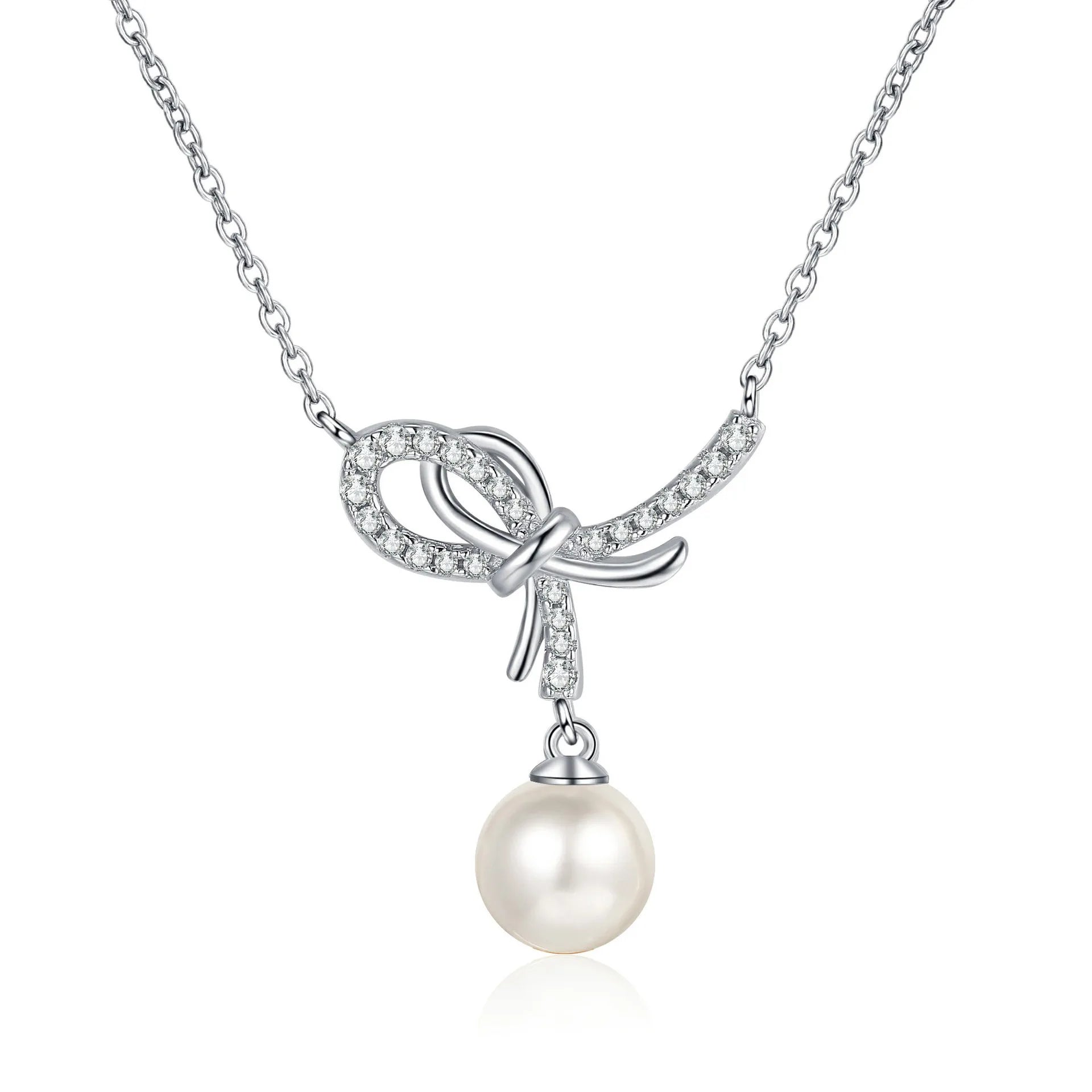 S925 Sterling Silver Moissanite Diamond Pearl Bow Pendant Necklace Classic Premium 925 Silver Jewelry for Wedding Engagement