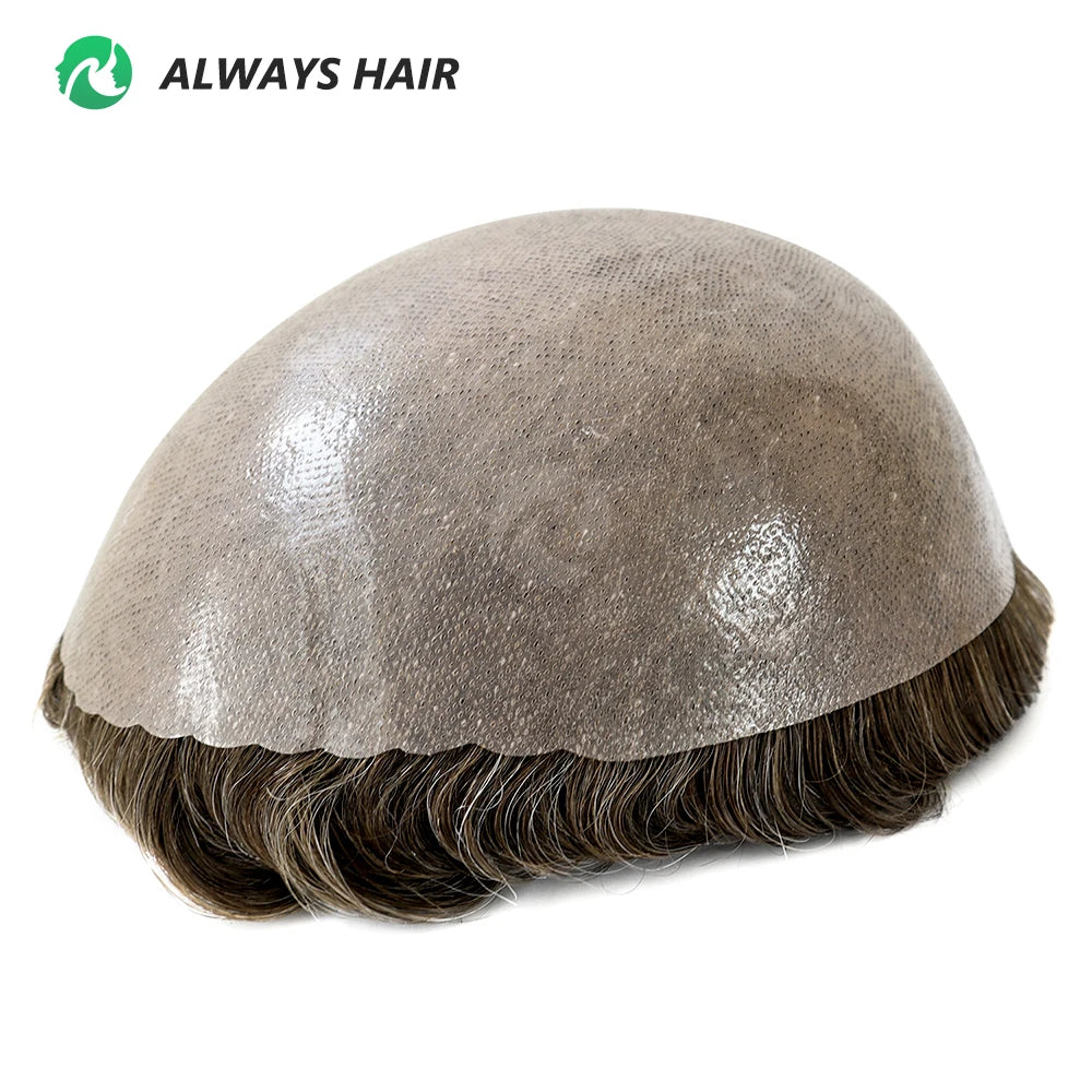 All Knotted Thickness Poly Skin Medium Density Durable Hair Replacement Scalloped Front Indian Human Hair Prosthesis Men Toupee