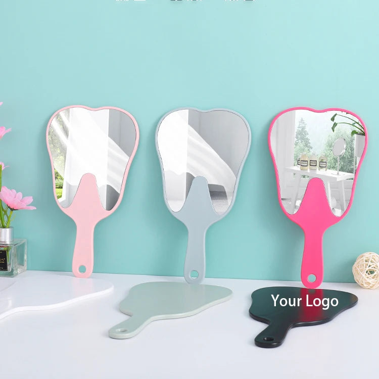 Zonyin Custom Logo Handheld Cosmetic Tooth-Shaped Mirror New Large Plastic Dental Pocket Mirror Personalized Handle Promotional