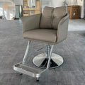 Grey Leather Salon Chair with Round Metal Base and Cushioned Back for Barber Shops