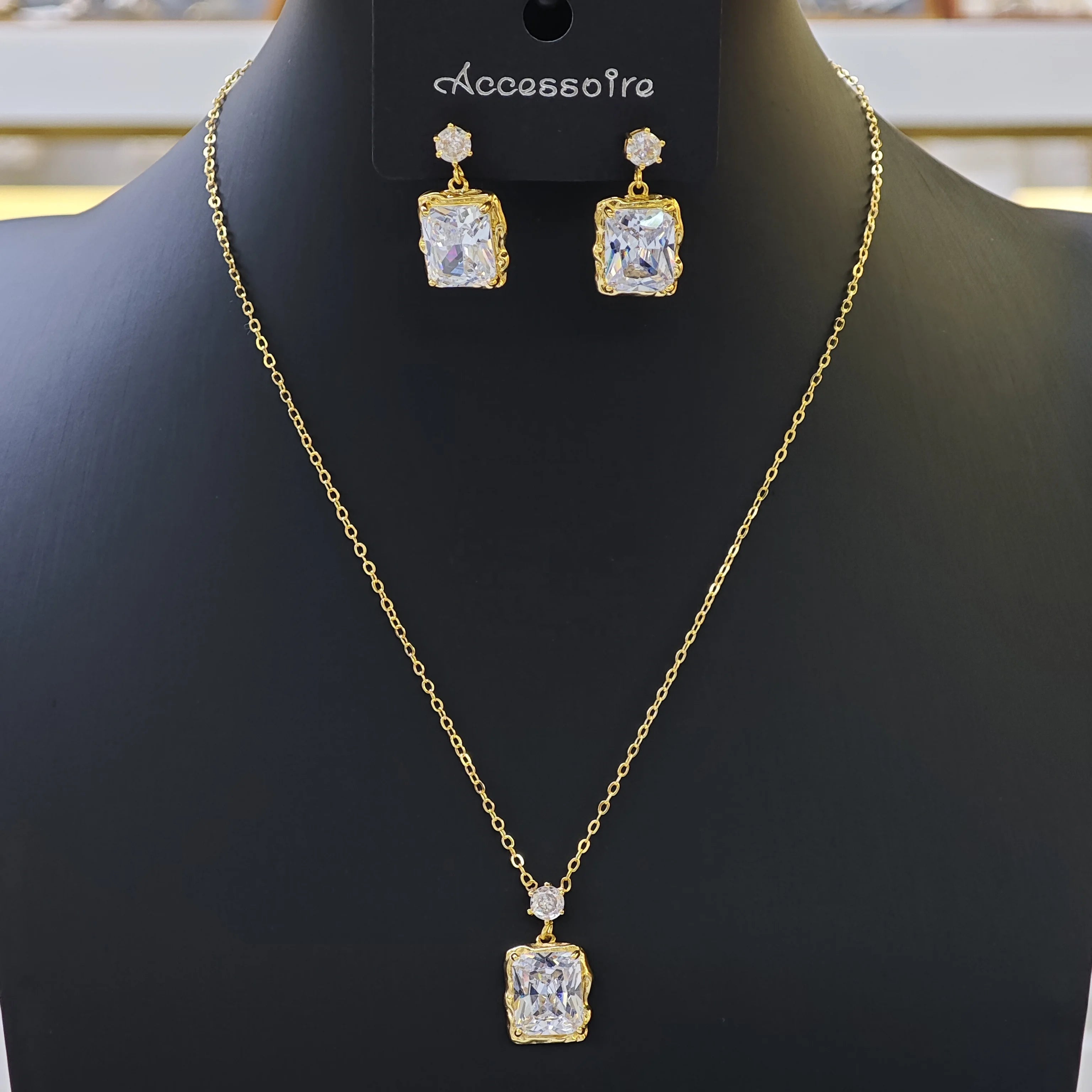 Ilona 14K Gold Plated Copper Emerald Cut CZ Jewelry Set Rectangle Drop Earrings Pendant Necklace Wedding Bridal Gift Wholesale