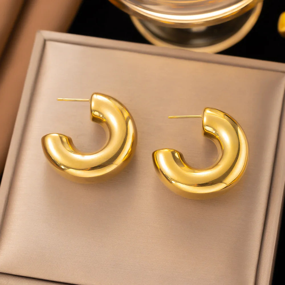 New Tarnish Free Stainless Steel Big Gold Hoop Earrings 18k Gold Plated Chunky C Shaped Earrings for Women