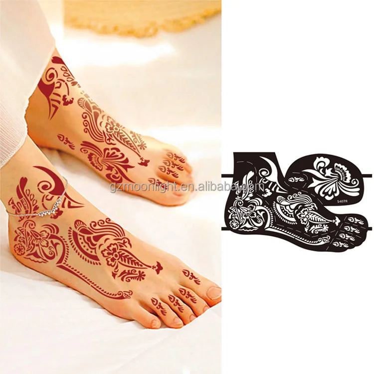 Bridal Henna Tattoo Stencil Pair of Foot PVC Temporary Designs Body Art Products-Reusable 3-Layer Tattoo Stickers for Brides
