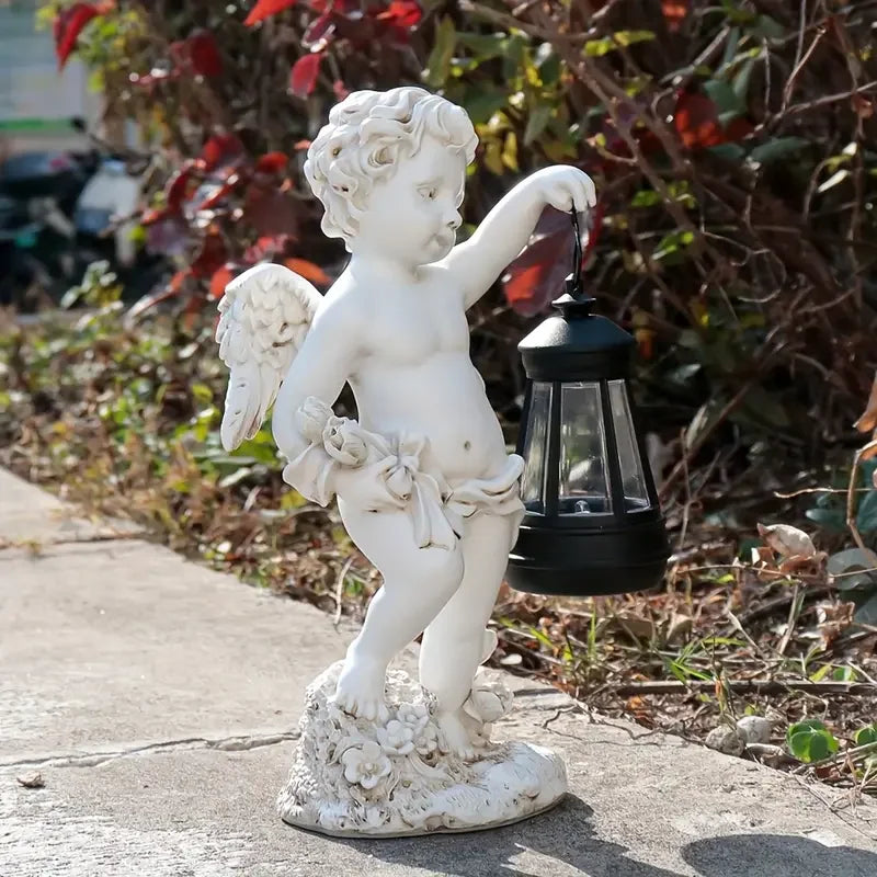 Solar-Powered Angel Garden Statue with Vintage Lantern White Resin Cherub Holding a Flower Bouquet and LED Light