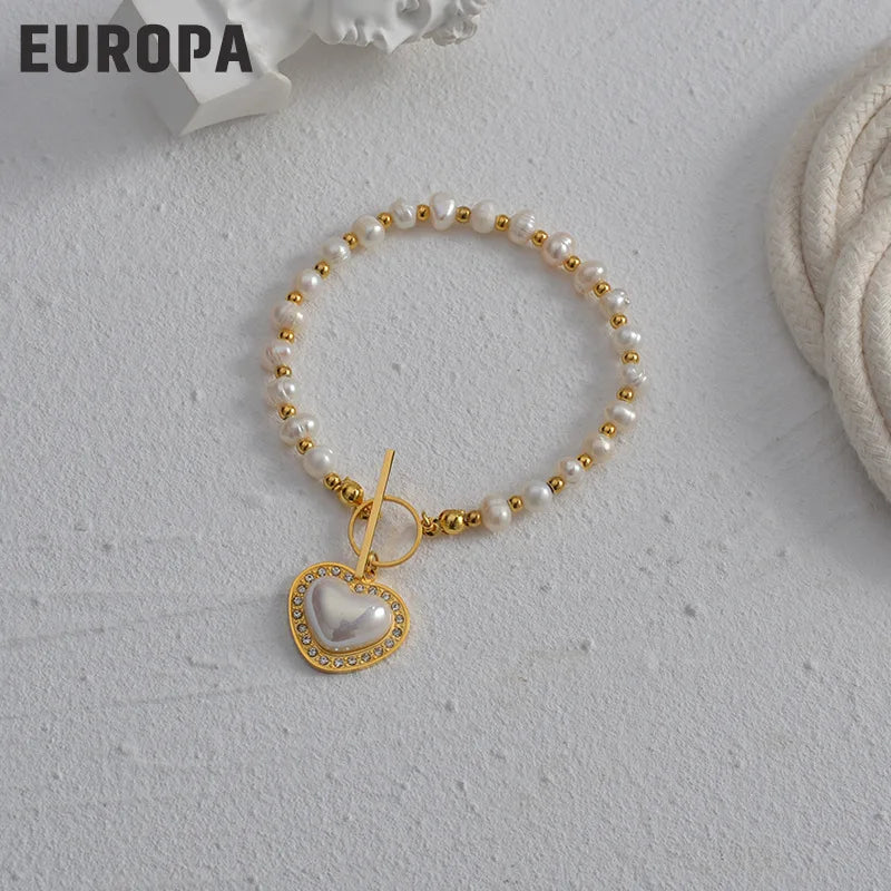 Sweet 18K Gold Plated Stainless Steel Cz Heart Pendant  Ot Buckle Natural Baroque Pearl