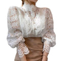 RNSHANGER Elegant Lace Embroidery Women Blouse Petal Sleeve Hollow Out Solid Button Stand Collar Shirt Spring Tunic Shirts