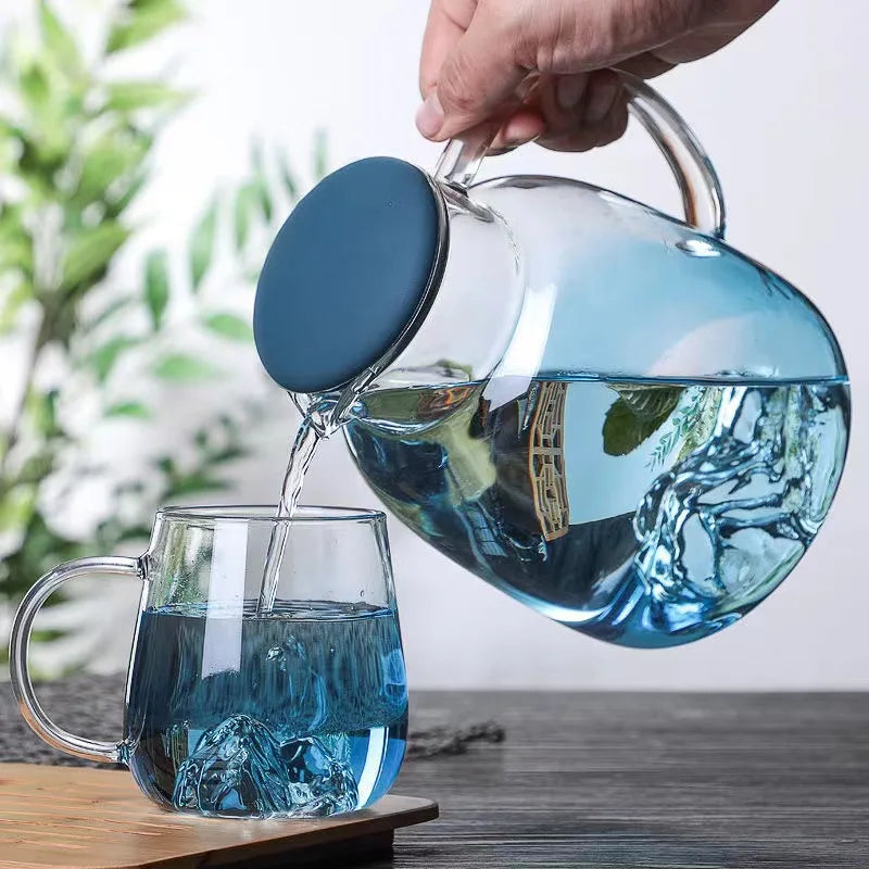 Top Seller Blue Tea Infuser Bottle Juice Fruit Infusion Kettle Set Drinking Water Jug Carafe Borosilicate Glass Pitcher with Lid