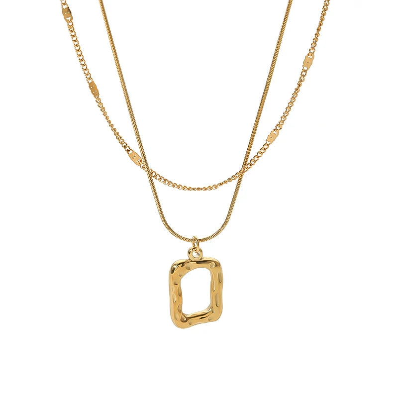 Double Layers Stainless Steel 18K Square Hollow Lava Textured Classic Women's Pendant Necklace Link Chain Jewelry