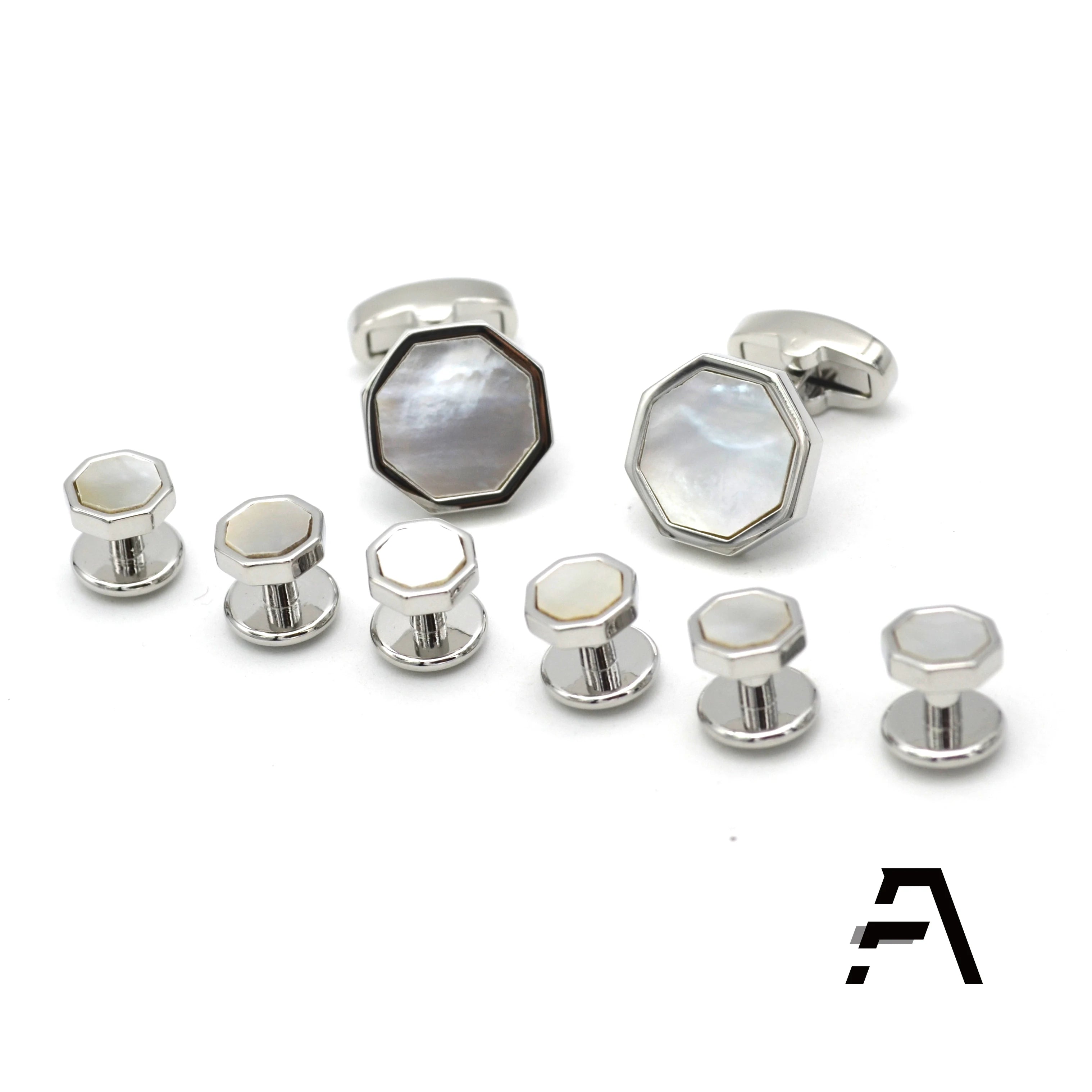 8pcs Hexagon Silver Plating Mother of Pearl Cufflinks Studs Set Men's Jewelry