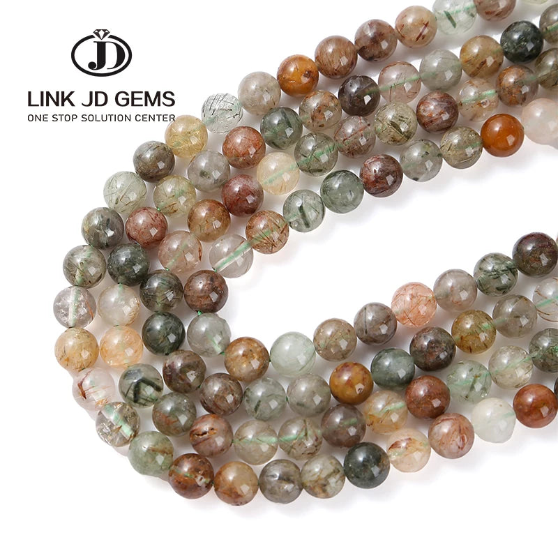 JD GEMS Natural Crystal Stone Beads Round Shape Red Green Golden Rutilated Quartz for Jewelry Making Loose Gemstones Accessories