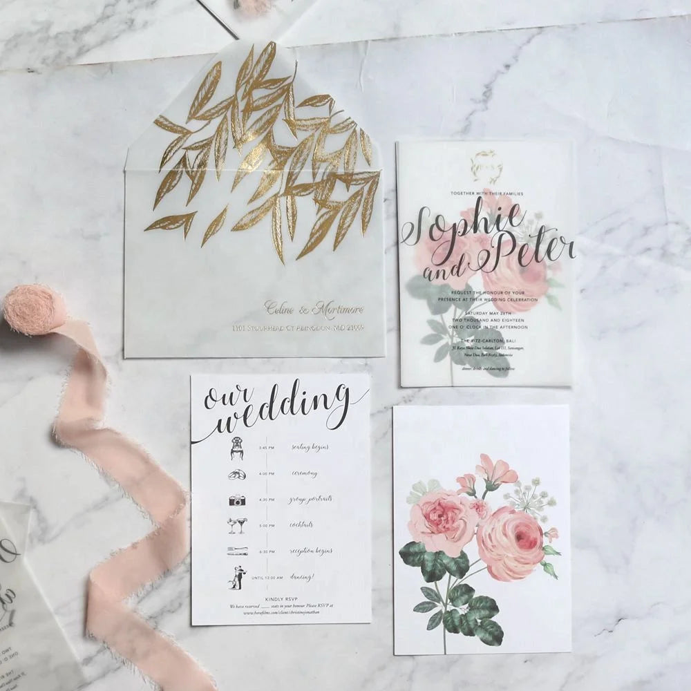 Unique Design Custom Printed Vellum Translucent Paper Invitations Wedding Stationery Handmade Luxury Paper Invitation Cards