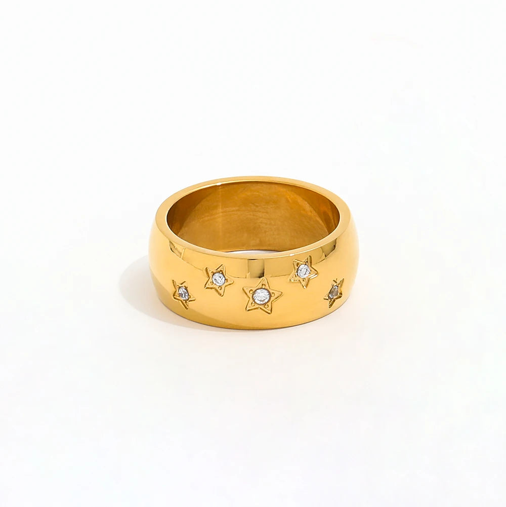 Non Tarnish 18K Plain Gold Dainty Zirconia Pentastar Ring Stainless Steel Trendy Simple Gold Plated 2022 Jewelry