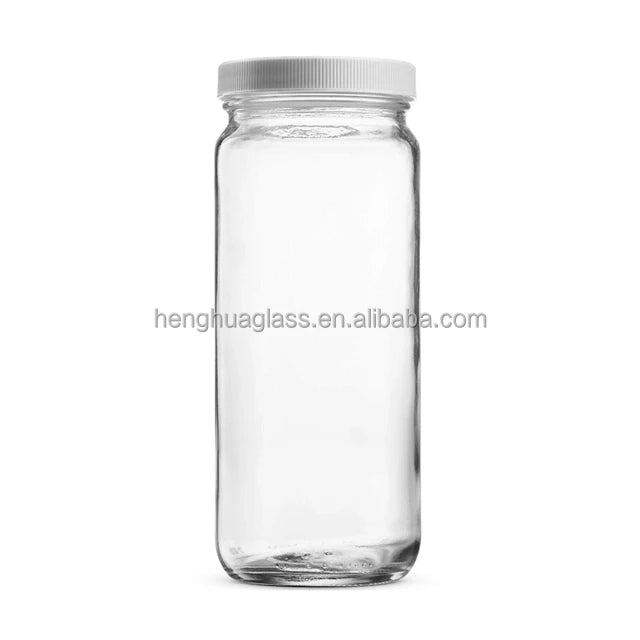 Round 500ml 16oz Travel Glass Drinking Bottle Paragon Jar With White Screw Lids for Cold Pressed Juice Milk Drinking Honey