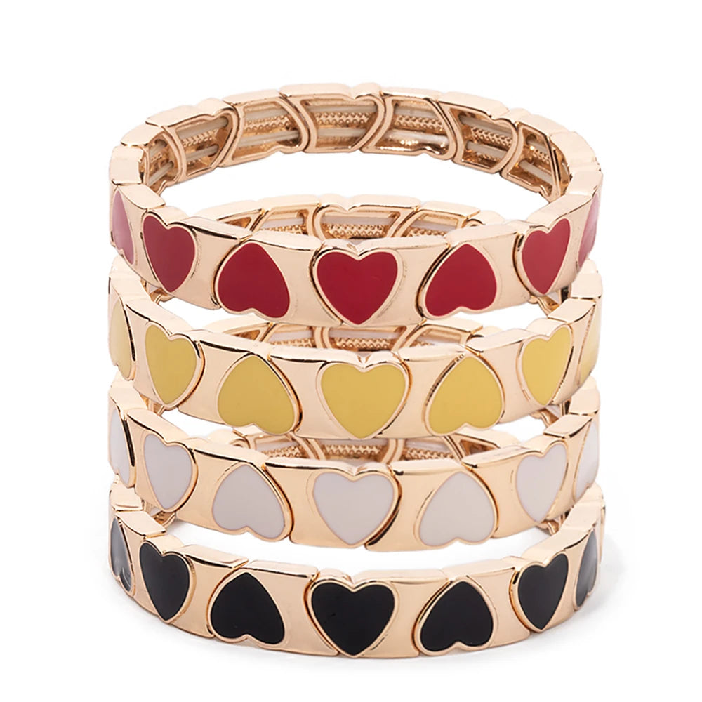 Wholesale Gold Plated Colorful Enamel Coating Romantilc Heart Beaded Stretch Bracelet for Women