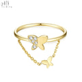 Hot Sales Wholesale Price Exquisite Design Butterfly Chain Connected Rings18K Solid Yellow Gold Natural Diamond Ring For Girl