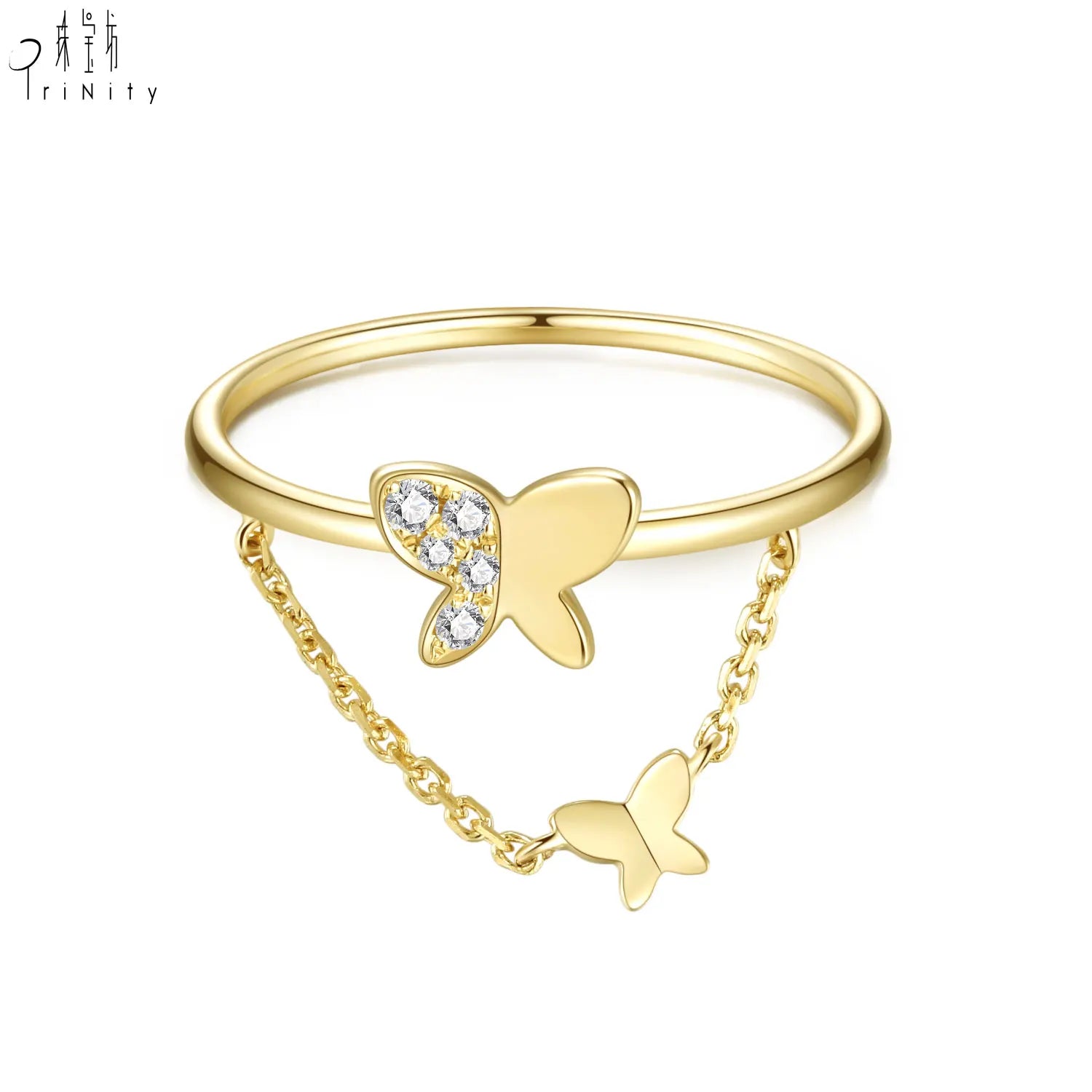 Hot Sales Wholesale Price Exquisite Design Butterfly Chain Connected Rings18K Solid Yellow Gold Natural Diamond Ring For Girl