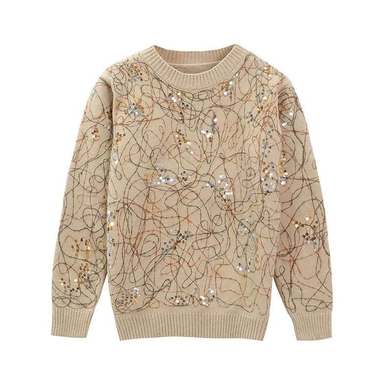 Designer Fashion Autumn and Winter Sequins Splicing O-collar Knit Sweater Long Sleeve Street Trendy Sweater Top
