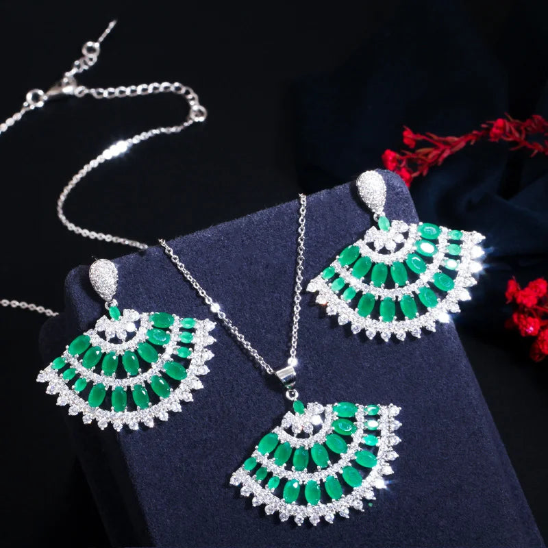 Big Long Dangle Earrings Green Fan Shaped Chain Link Necklace Cubic Zircon Engagement Jewelry Set for Women Costume Accessories