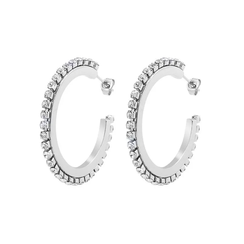 Cheap White and Black CZ Stainless Steel Chunky Hoop Earrings