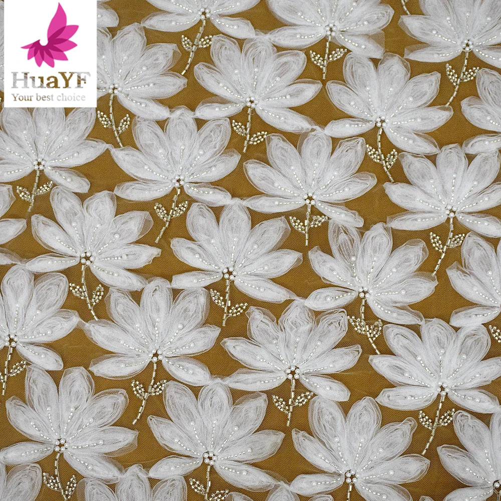 New White Pearl Beads 3D Coiling Floral Wedding Dress 2024 Lace Fabric Material Beads Swiss Voile Leaf Lace Fabric HY2665