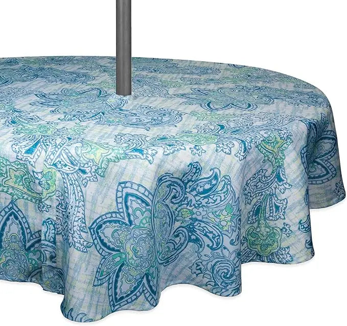 60"R Polyester Blue Watercolor Print Waterproof Tablecloth With Zipper Courtyard Decoration Round Paisley Tablecloth