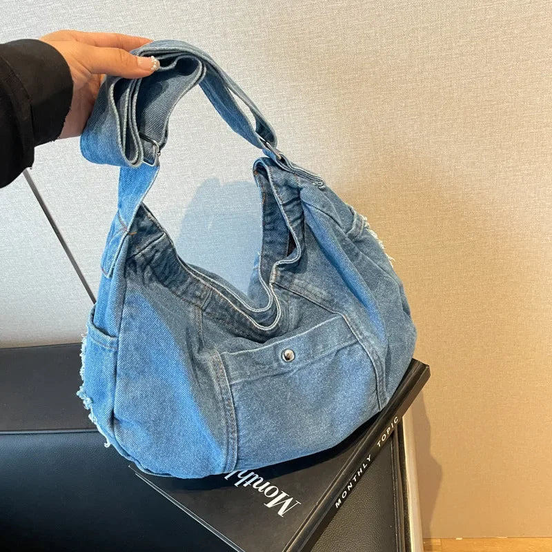Casual Retro Design Women's Denim Shoulder Bags Large Capacity Ladies Handbags Tote Korean Style Trendy Female Crossbody Bag
