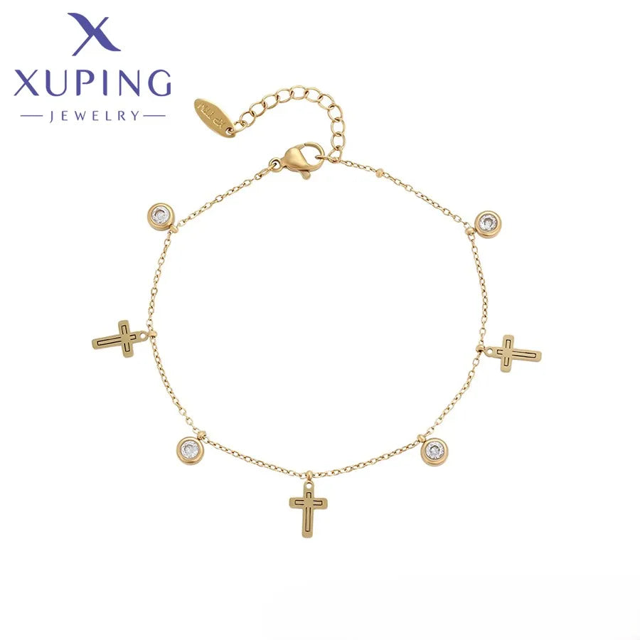 T000756767 XUPING JEWELRY 14K Gold Color Elegant Charming Stainless Steel Cross Women Fine Fashion Jewelry Bracelets  Bangles