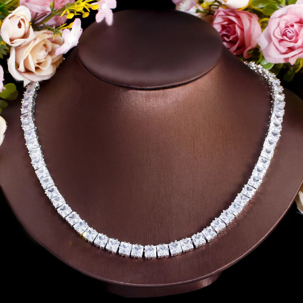 Sparkling White Square Cubic Zirconia Stone Women Chic Tennis Link Chain Wedding Bridal Party Costume Choker Necklace Jewelry