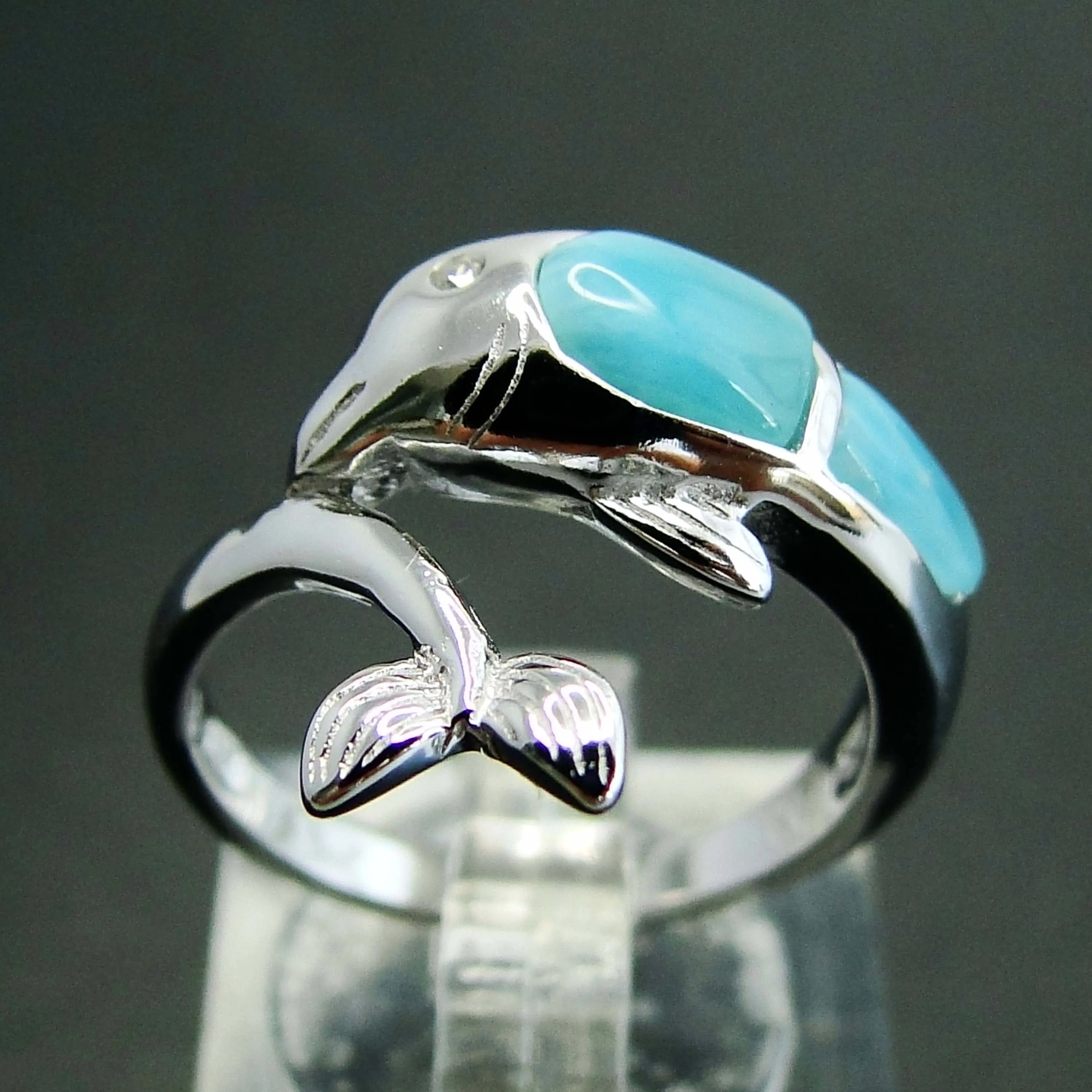Solid 925 Silver Sealife Animal Larimar Jewelry Natural Gemstone Dolphin Ring