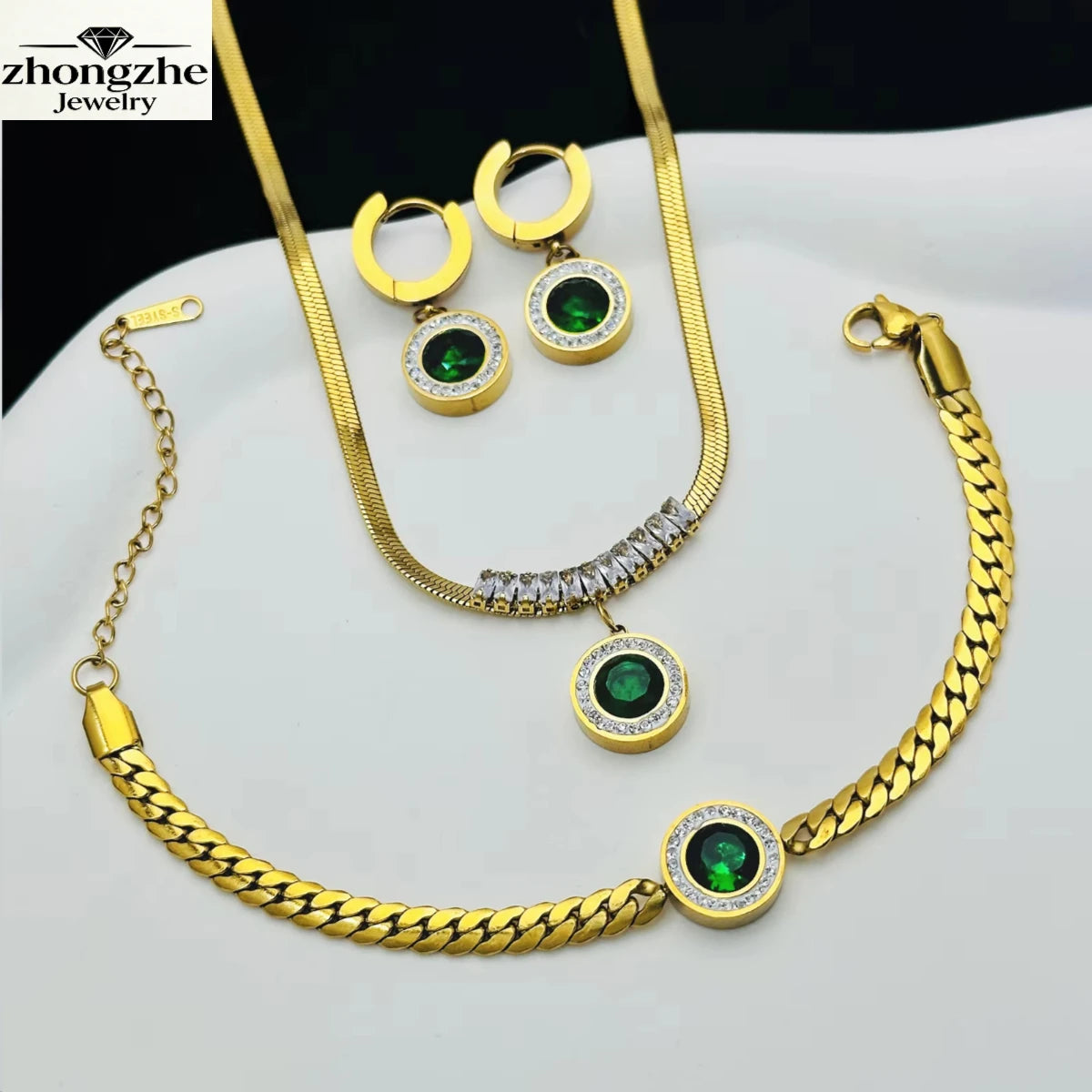 Zhongzhe Fashion Stainless Steel 18k Gold Plated Women's Round Green Pendant Necklace Bracelet Earrings Jewelry Set