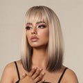 Wholesale Medium Length Straight Wigs with Bangs Ombre Blonde to Brown Synthetic Wig Heat Resistant False Hair