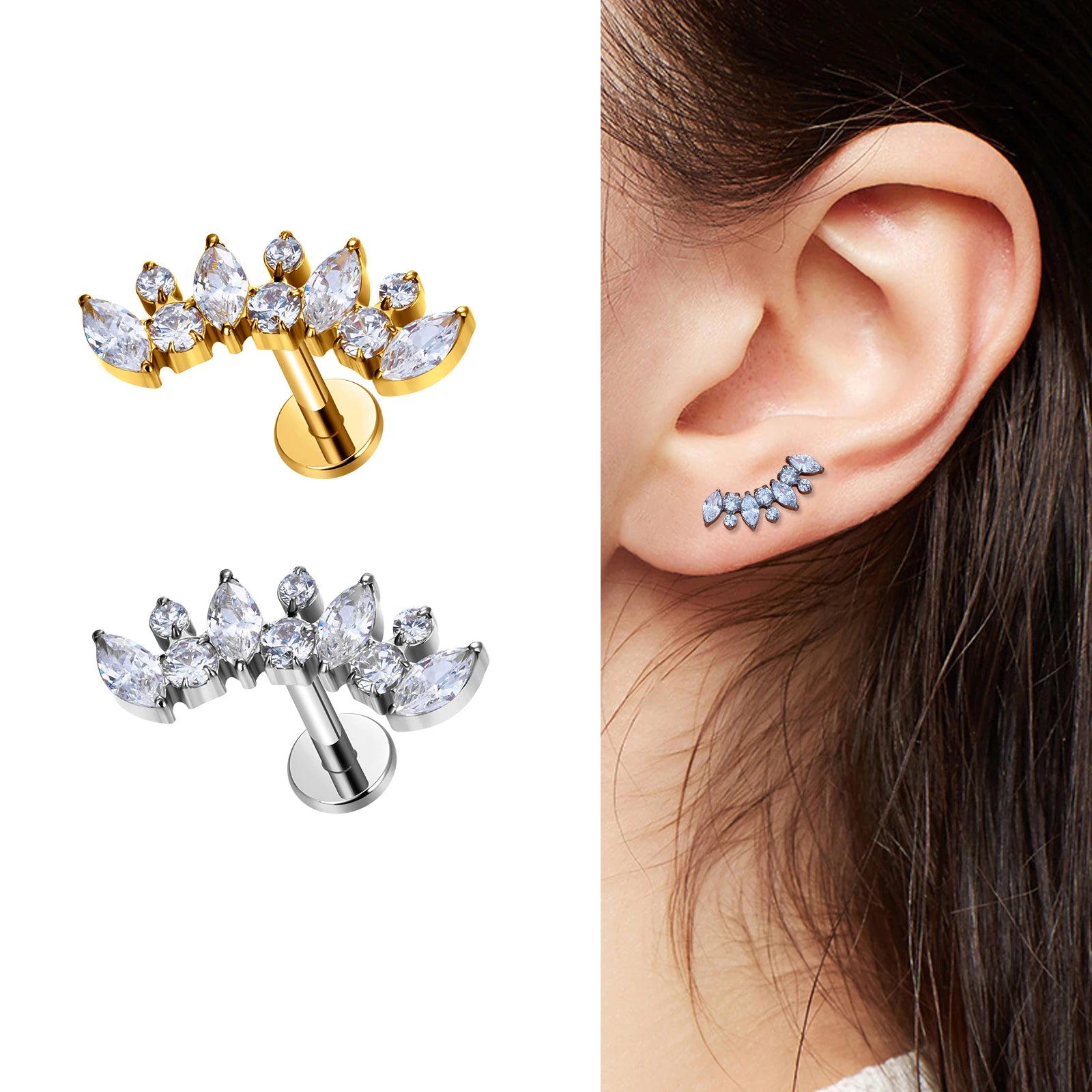 Wholesale ASTM F136 Titanium Earrings Flat Back 16G Ear Studs Zircon Crown Shaped Tragus Helix Lobe Nose Piercing Jewelry