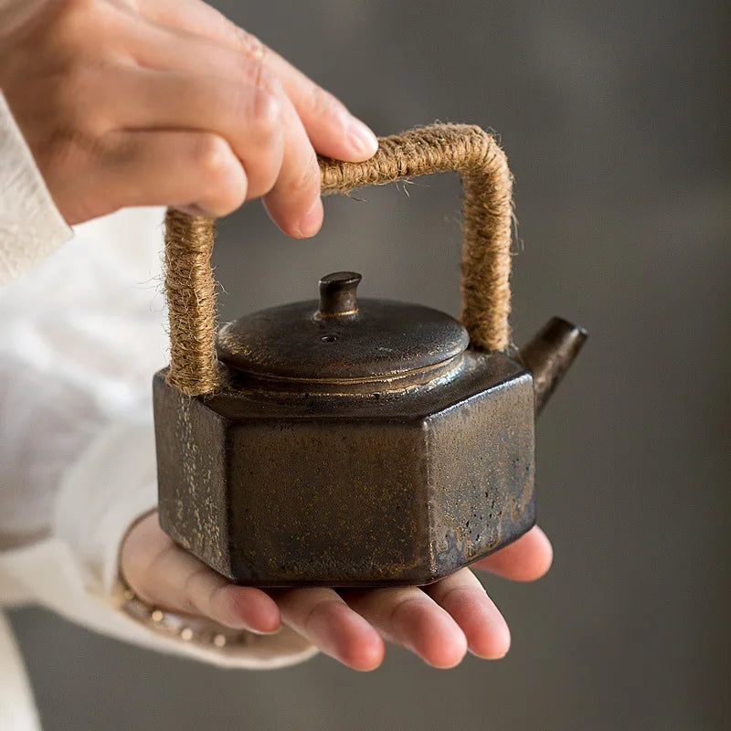 Japanese Antique Stoneware Loop-handled Teapot Old Ore Mud Porcelain Kung Fu Tea Set Handmade Teapot Pot Tea Maker Teakettle