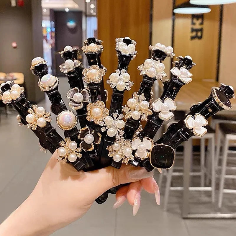 Women Kids Baroque Bling Double Layer Bangs Pearl Rhinestone Diy Braider Hair Twister Headband Make up Clip Hair Band With Clip