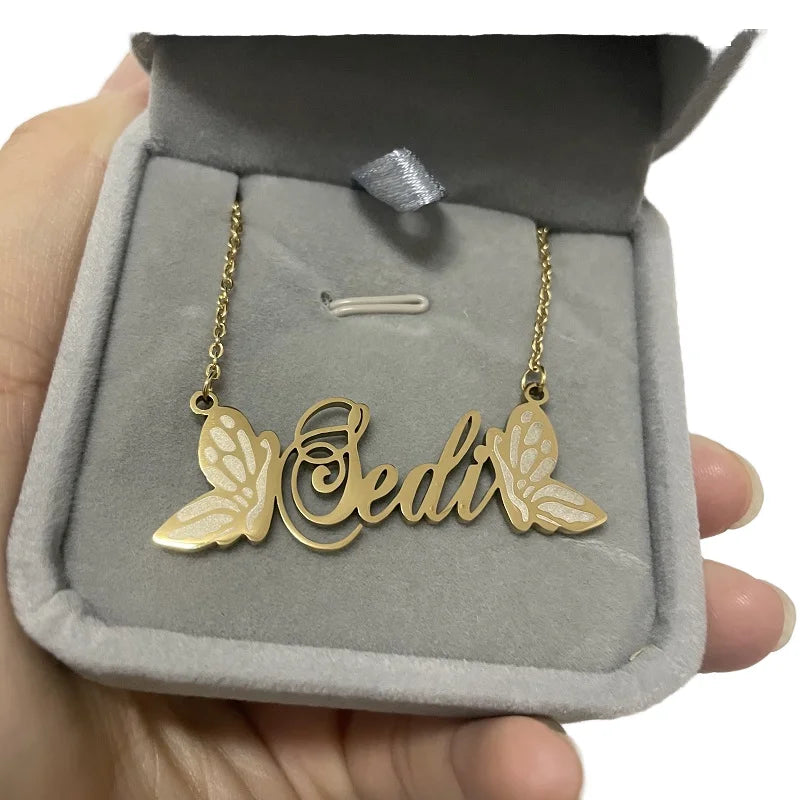 Custom Stainless Steel Name Necklace with Butterfly Sandblast Gold Personalized Pendant Hypoallergenic Jewelry Gift for Women