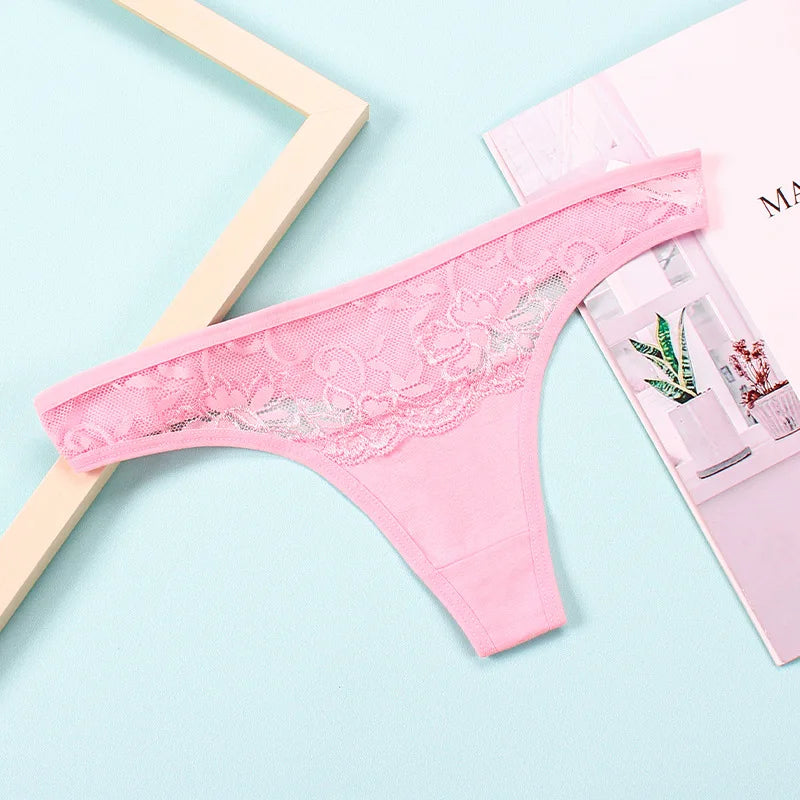 Women's Sexy Thong Underwear T-back Low-Rise Ultra Soft Breathable Cotton Panties with See Through Hollow Out Lace
