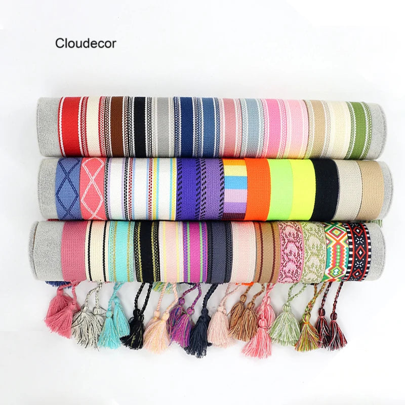 Adjustable Bohemian Woven Bracelet for Women Wide Embroidered Tassel Wristband Trendy Cotton Rope Braided Gift