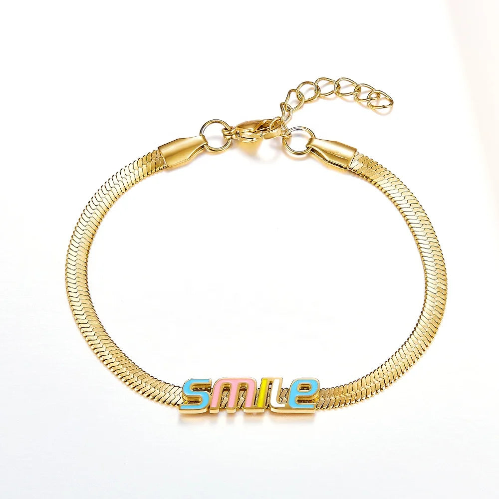 Soft Flat Snake Chain 18k Gold Plated Stainless Steel Bracelets Bangles With Colorful SMILE Letters INS Cute Bracelet for Women