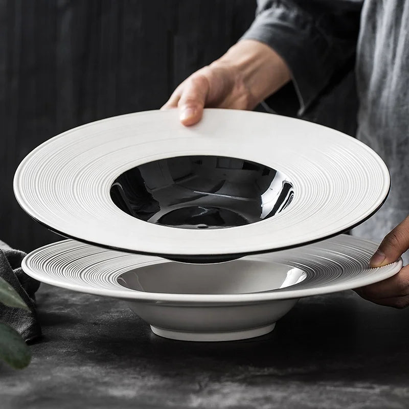 Customized Eco-Friendly Luxury Dinnerware Set Food Grade Matte White Black Pasta Soup Plate Wide Deep Ceramic Plate Eco-Friendly