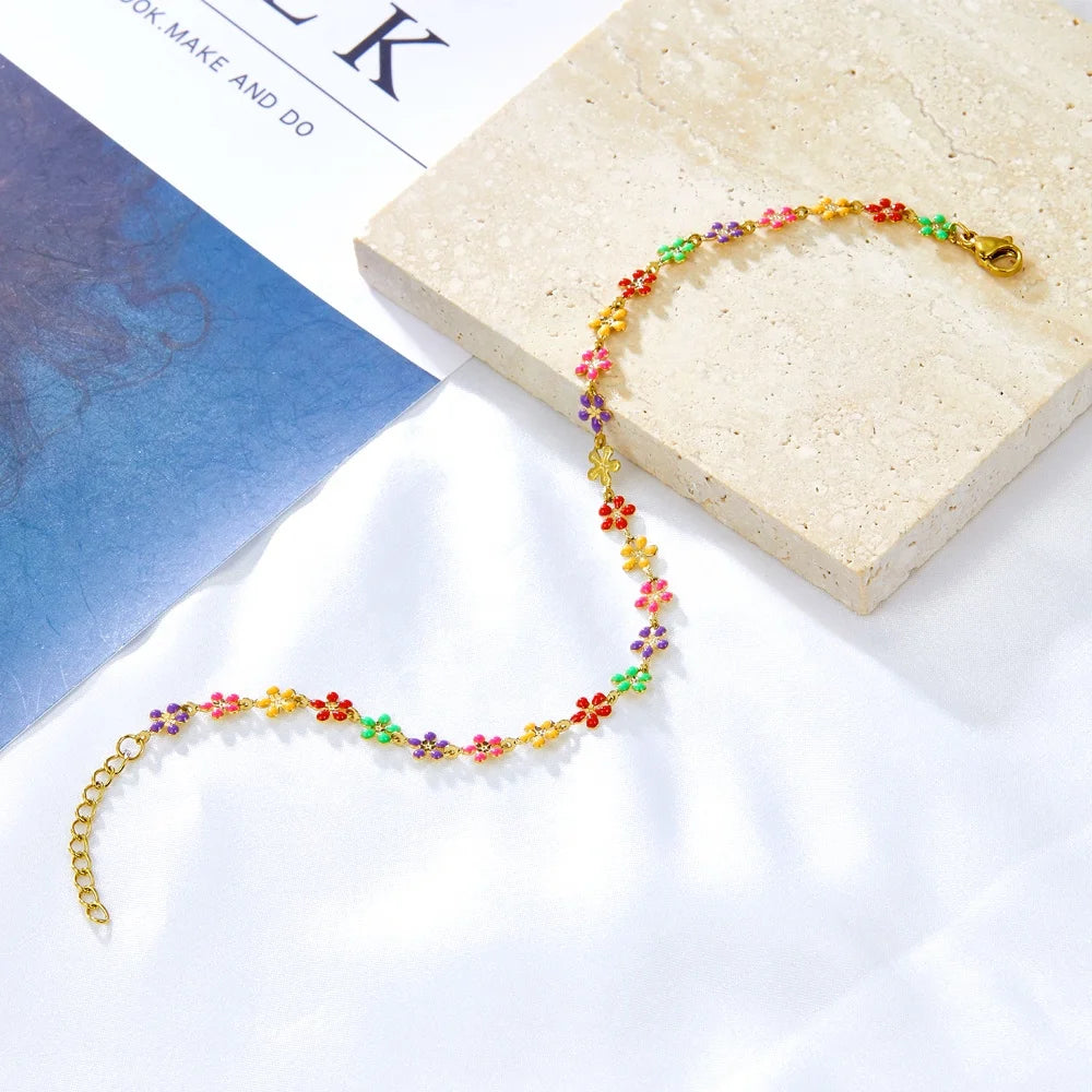 Trendy Summer Beach Foot Jewelry Custom Simple Design Colorful Flower Anklet Girls Fashion Fine 316L Stainless Steel Anklet