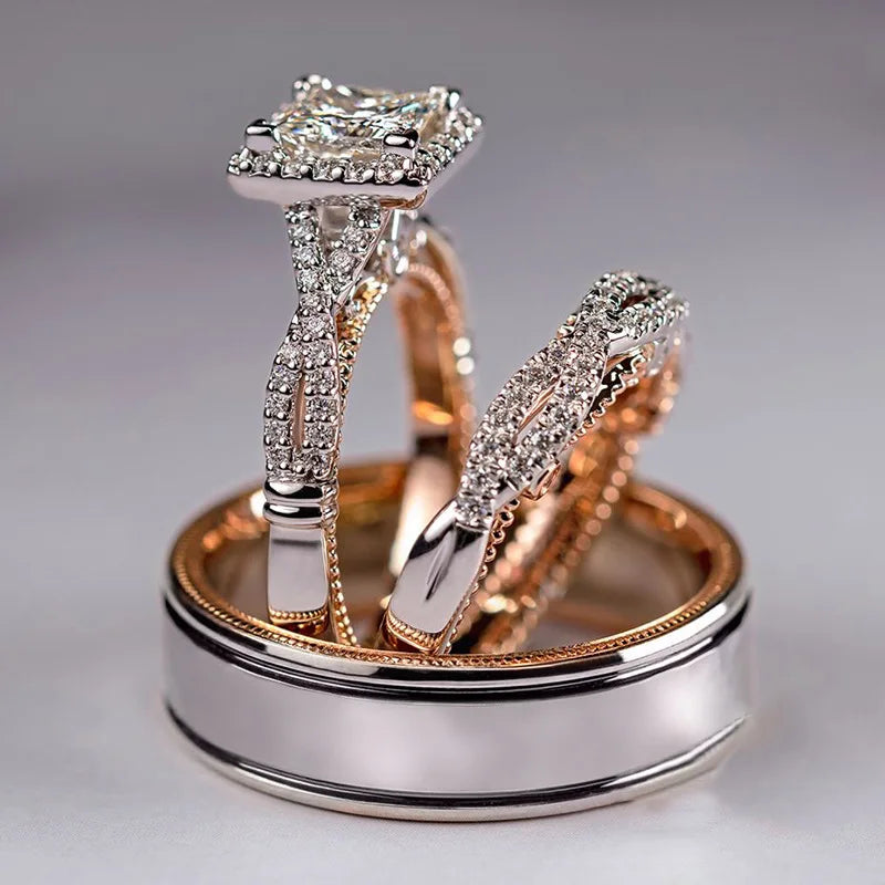 New Arrival Luxury Classic 3-Pcs Rose Gold Sparkling Cubic Zircon Brass Rings Set Original Wedding Jewelry Proposal Engagement