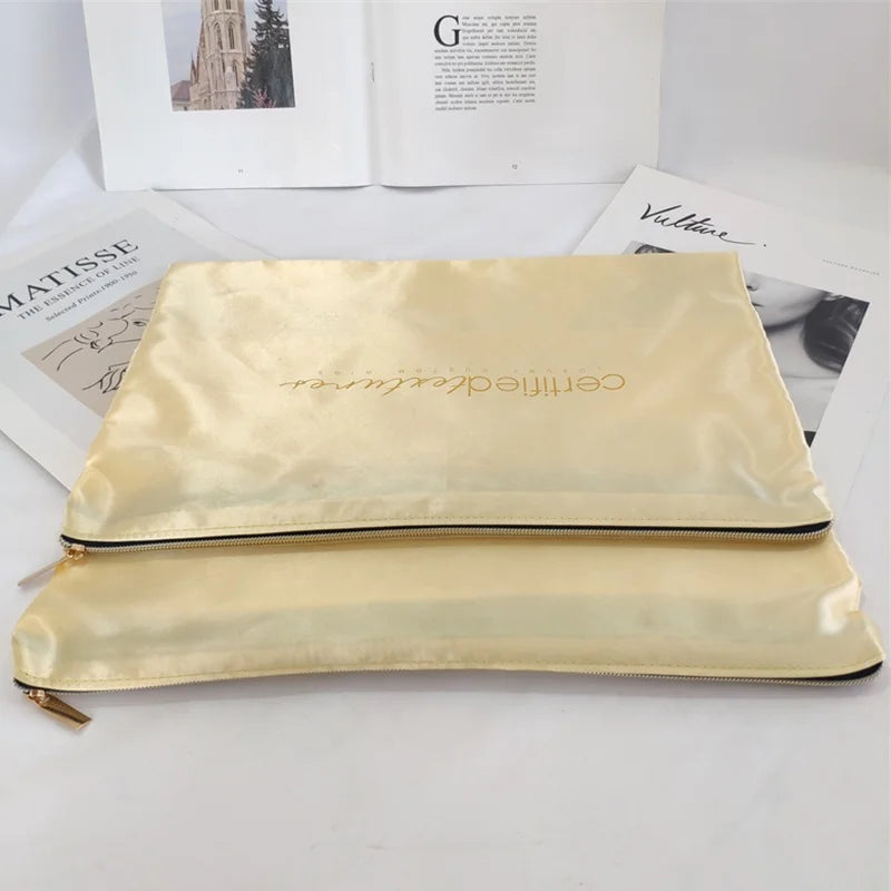Custom 23x38cm Gold Satin Hair Extensions Packaging Zipper Bag With Logo Printing