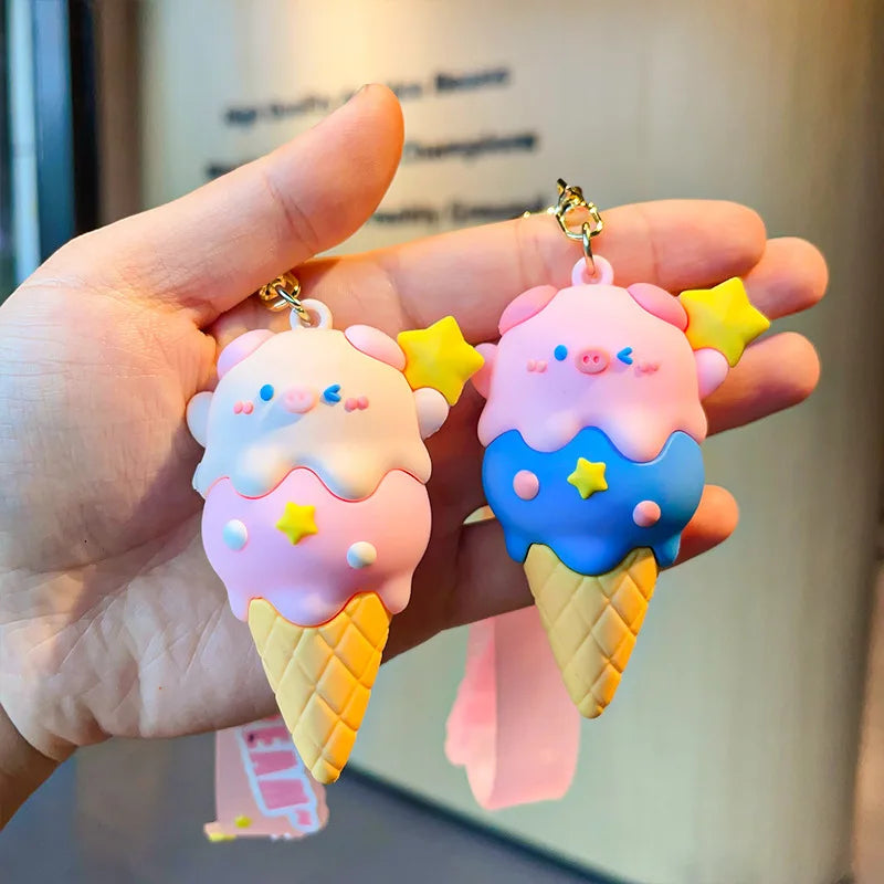 Wholesale Ice Cream Shop Decor Key Chains Cartoon Doll Schoolbag Pig Pendant 3D PVC Ice Cream Keychains Soft Pig Rubber Keychain