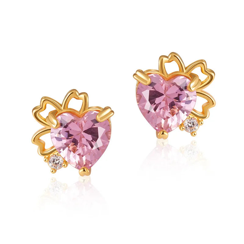 French Style Luxury Flower Earrings Copper Plated 18K Gold Sweet Pink Zircon Heart Earrings for Women