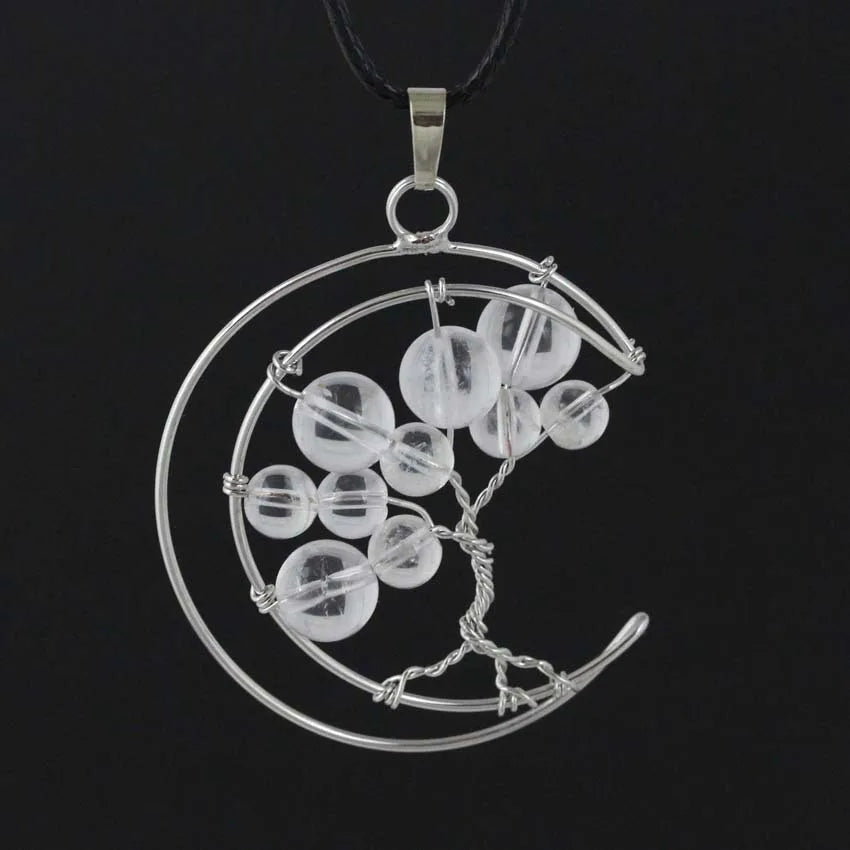 HZ Wire Wrapped Tree of Life Clear Quartz Stones Round Shaped Drop Hoop Pendant for Gifts Healing Crystals Jewelry